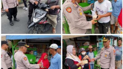 Foto : Aksi Unik Polsek Simokerto Borong Es Teh dan Bagikan Nasi Bungkus ke Pengendara di Surabaya