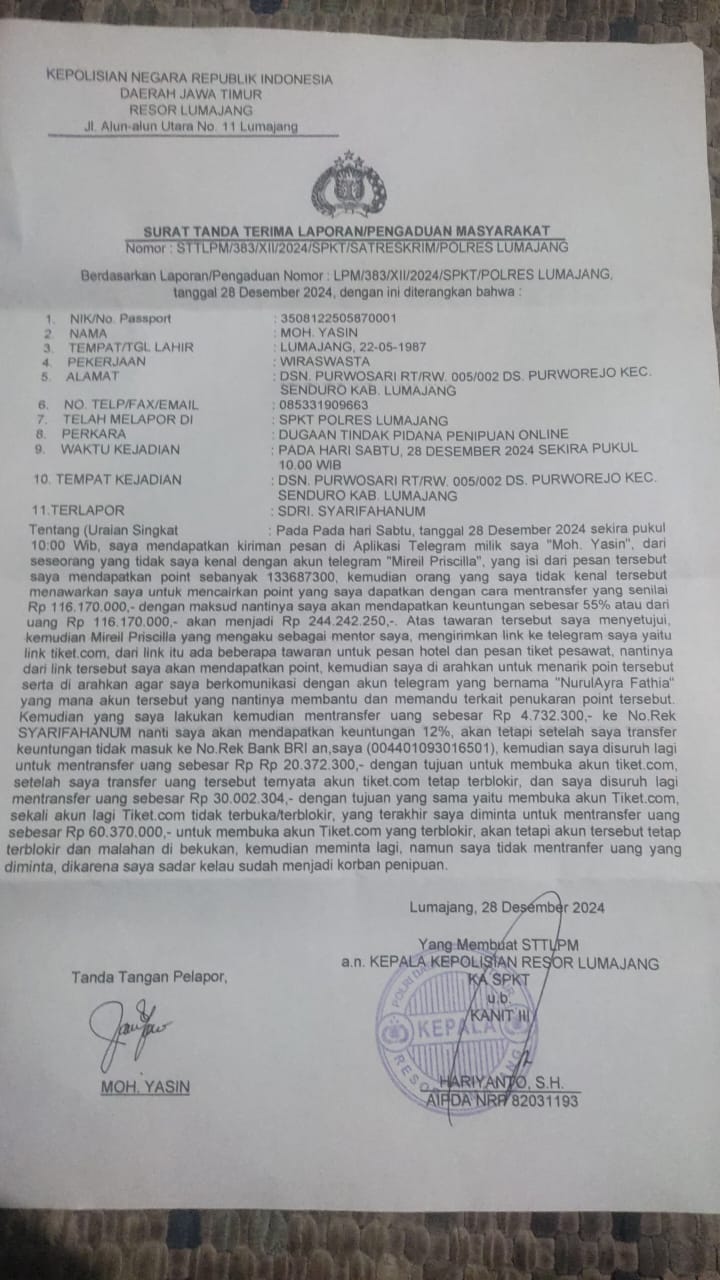 Foto : Warga Lumajang Jadi Korban Penipuan Online Melalui Pesan Aplikasi Telegram